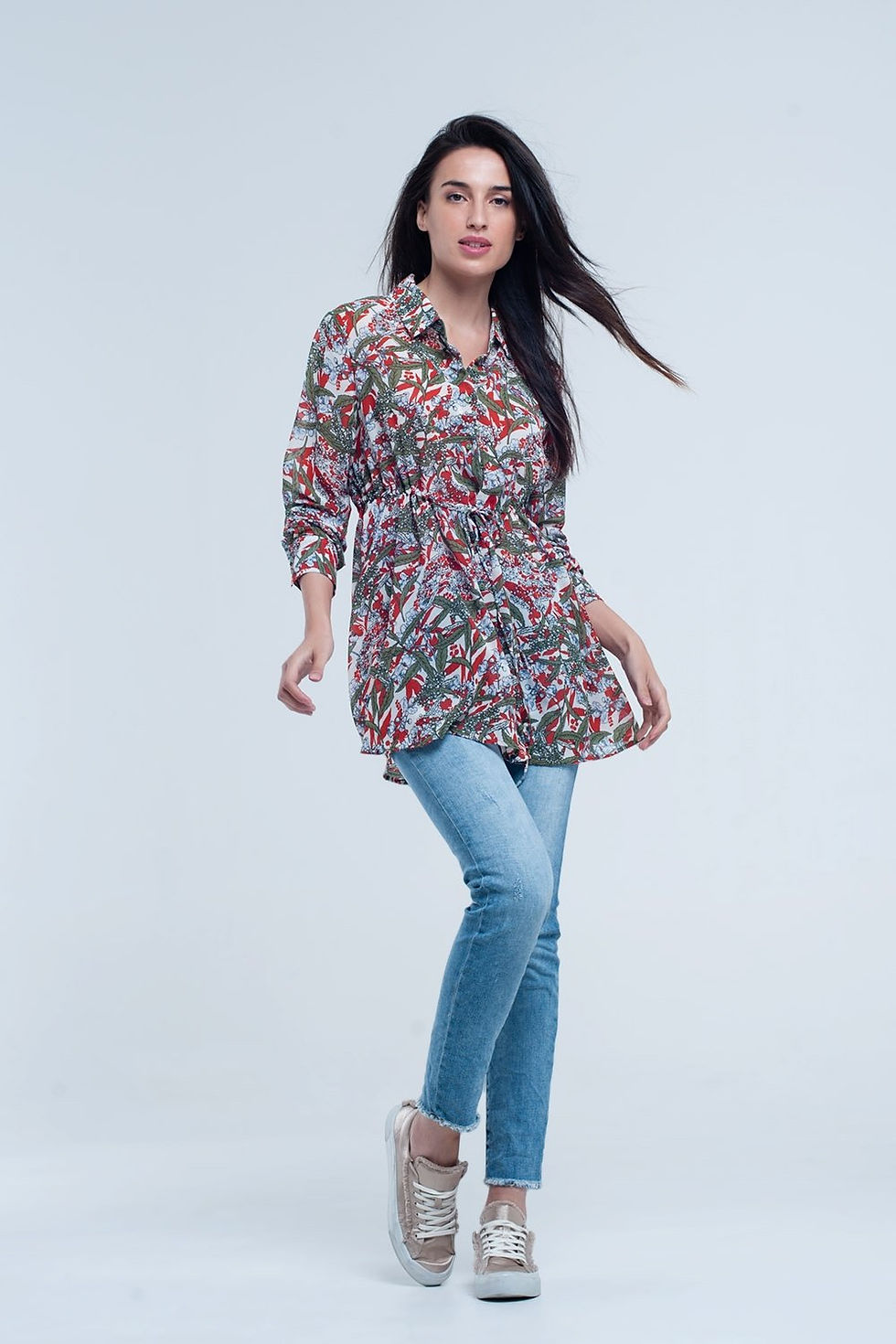 Thumbnail: Red Shirt With Leaf and Flower Print