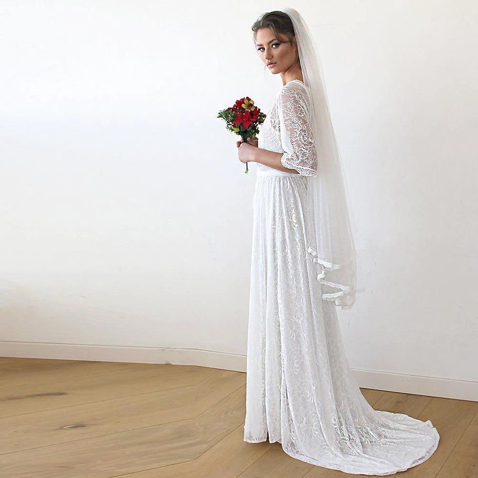 Thumbnail: Floral Lace Ivory Sheer Dress With Train #1165
