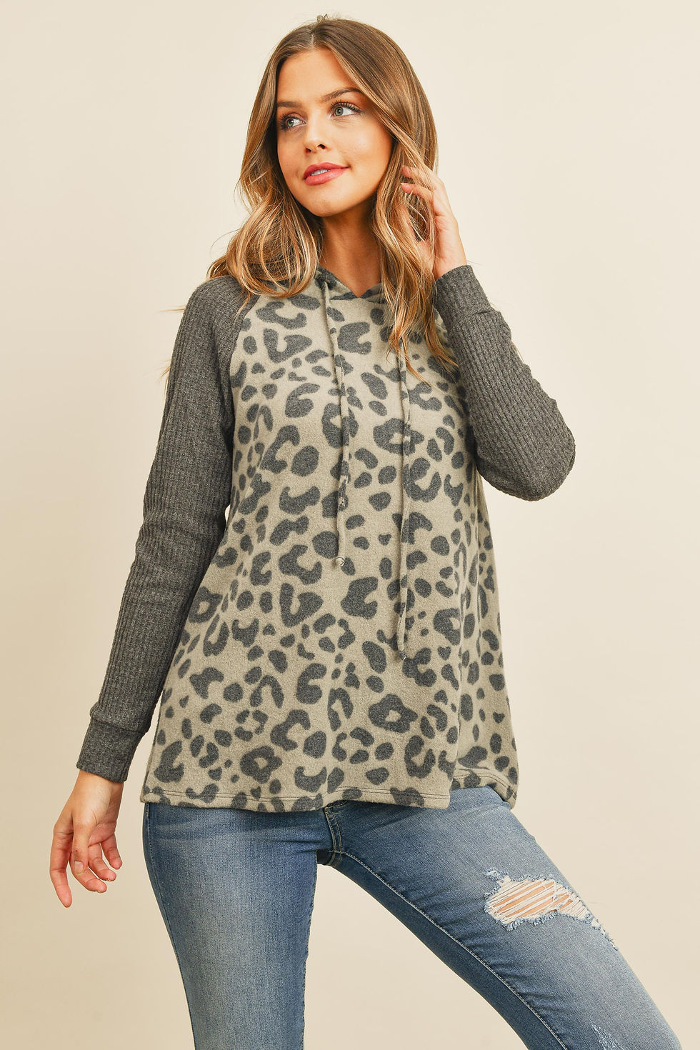 Thumbnail: Waffle Sleeve Leopard Drawstring Hoodie