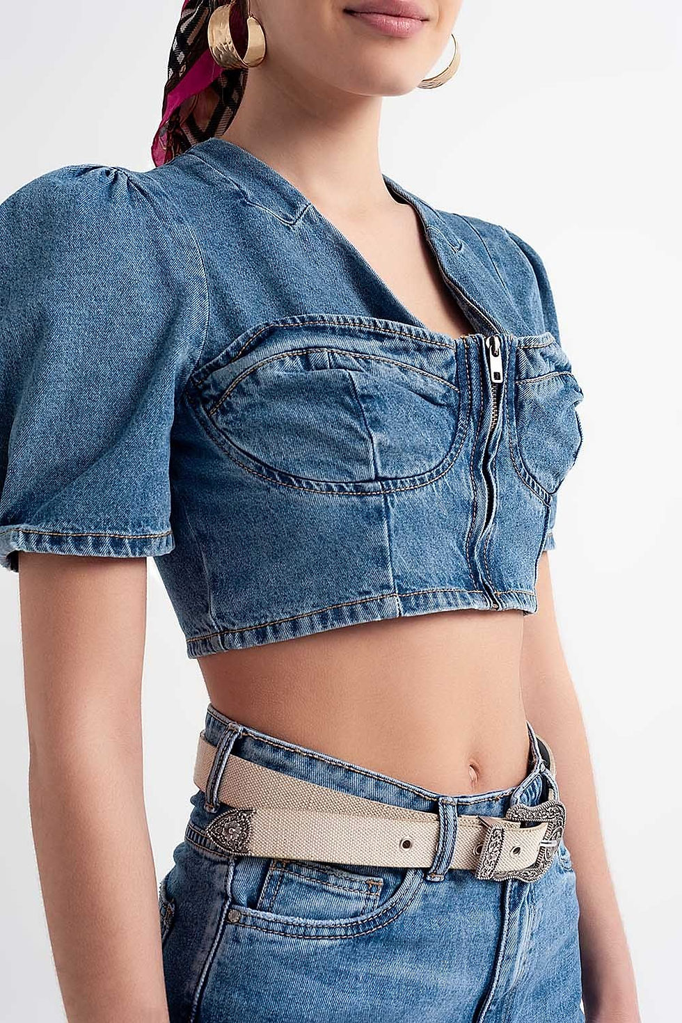 Thumbnail: Denim Puff Sleeve Crop Top in Mid Wash Blue