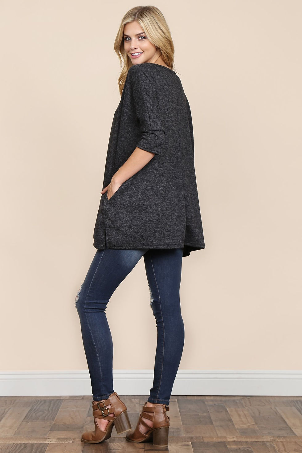Thumbnail: Two Tone Hacci Oversized Dropped Shoulder Pocket Tunic