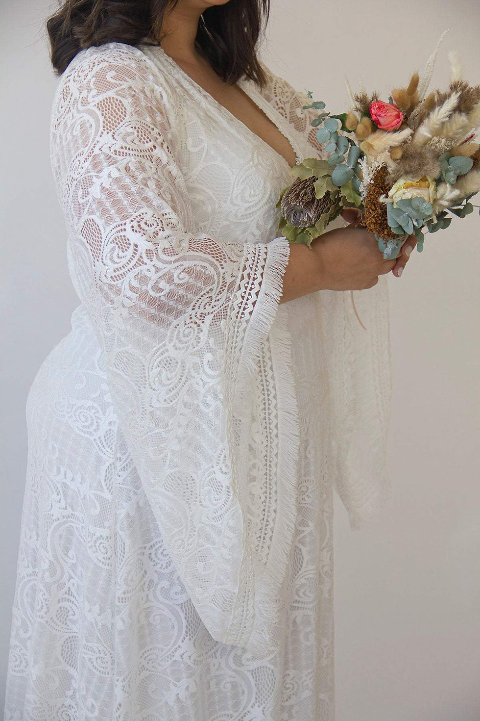 Thumbnail: Curvy Lace Ivory Bridal Kaftan With Fringe ,Bat Sleeves Lace Wedding Dress #1328