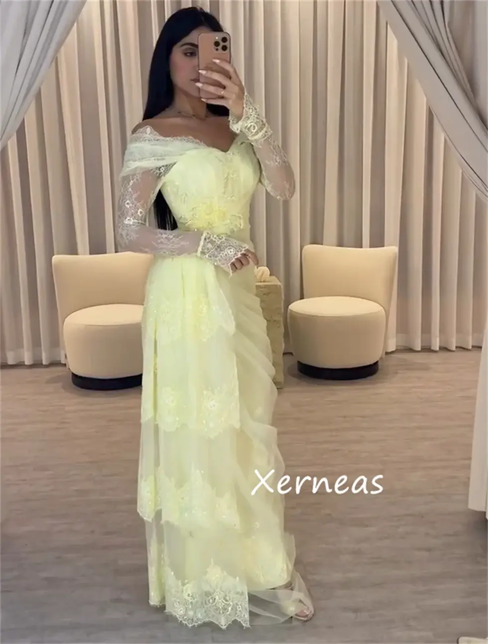 Thumbnail: Customized Simple Chiffon Pleat Lace Sequined Straight Off-The-Shoulder Long