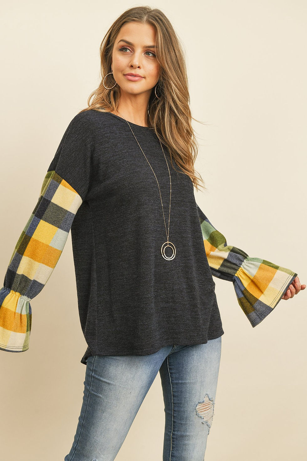 Thumbnail: Plaid Bell Sleeves Mier Sweater