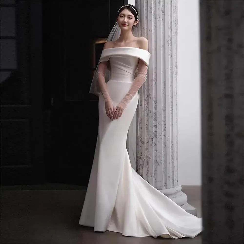 Elegant Satin Robe De Mariée With Off the Shoulder Classic Mermaid Sleeveless