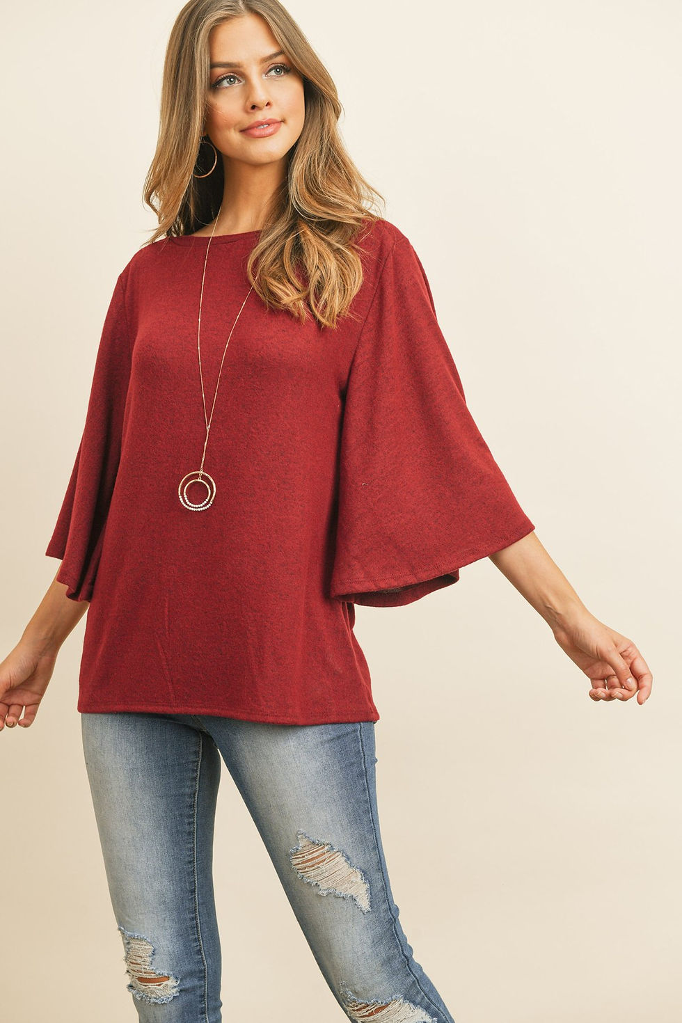 Thumbnail: Boat Neck Bell Sleeve Solid Hacci Brushed Top