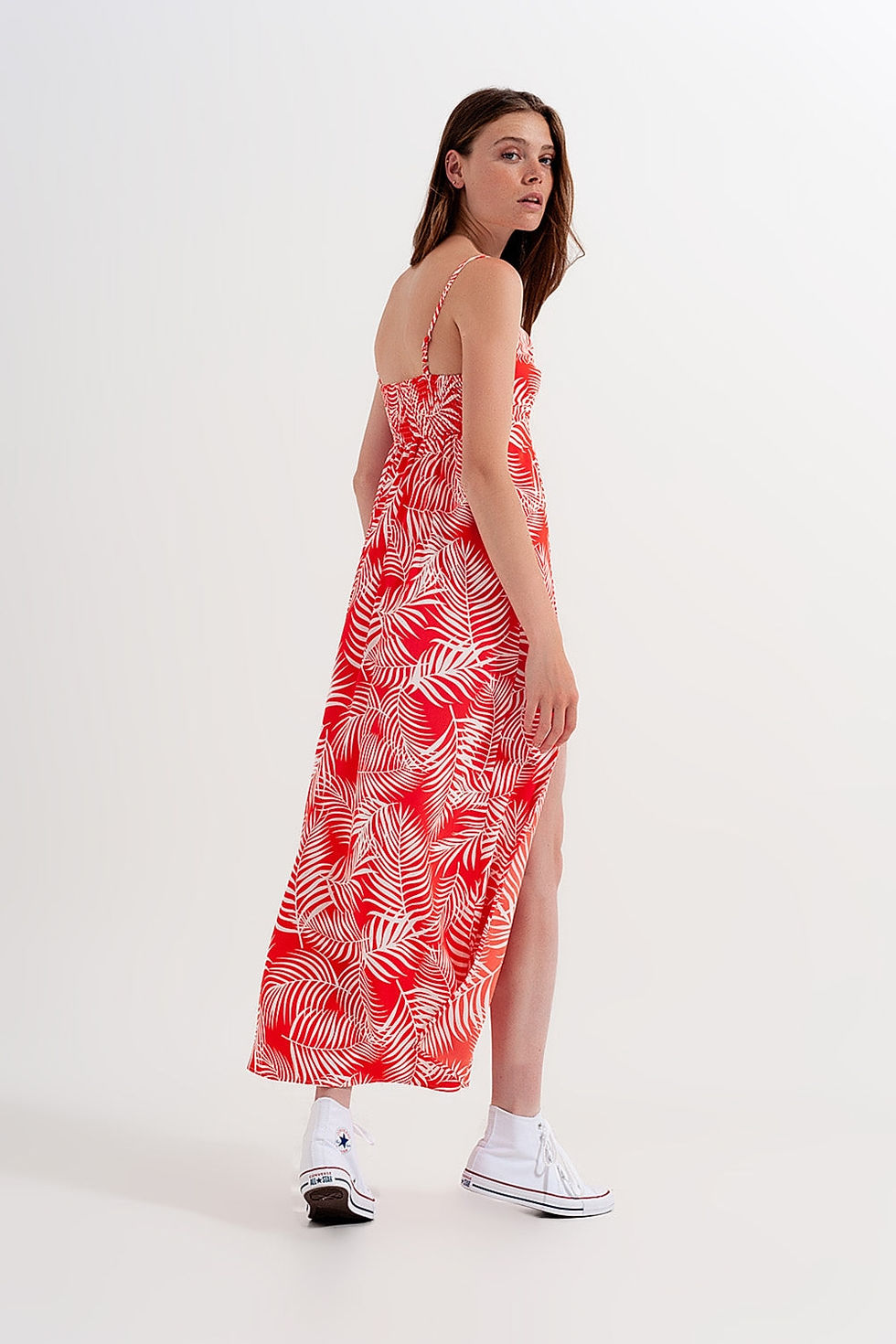Thumbnail: Maxi Dress With Splits in Red Leaves Print