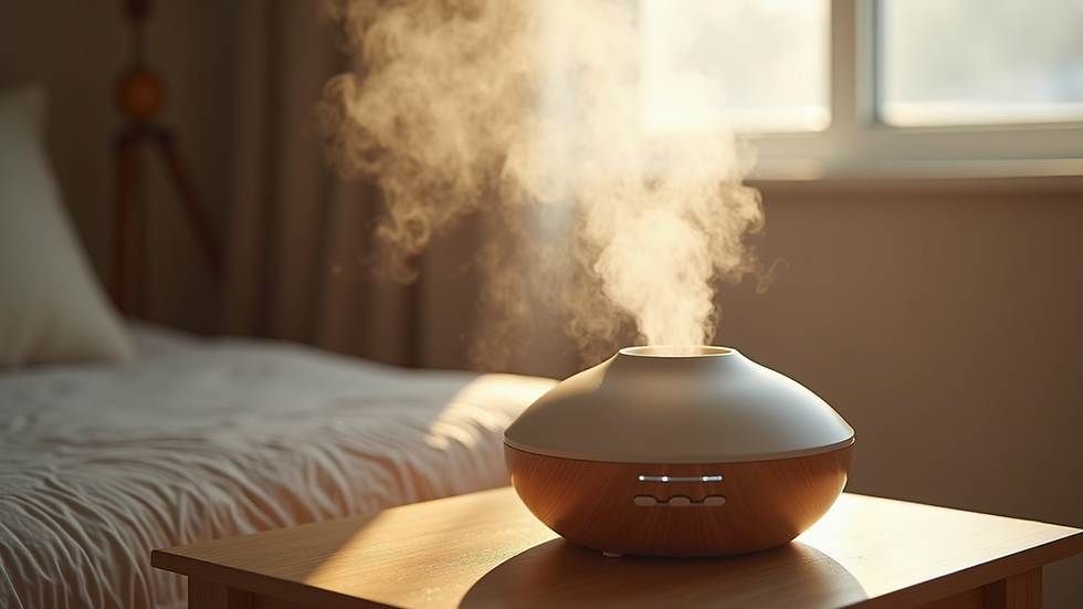 Close-up view of a humidifier releasing mist in a cozy room