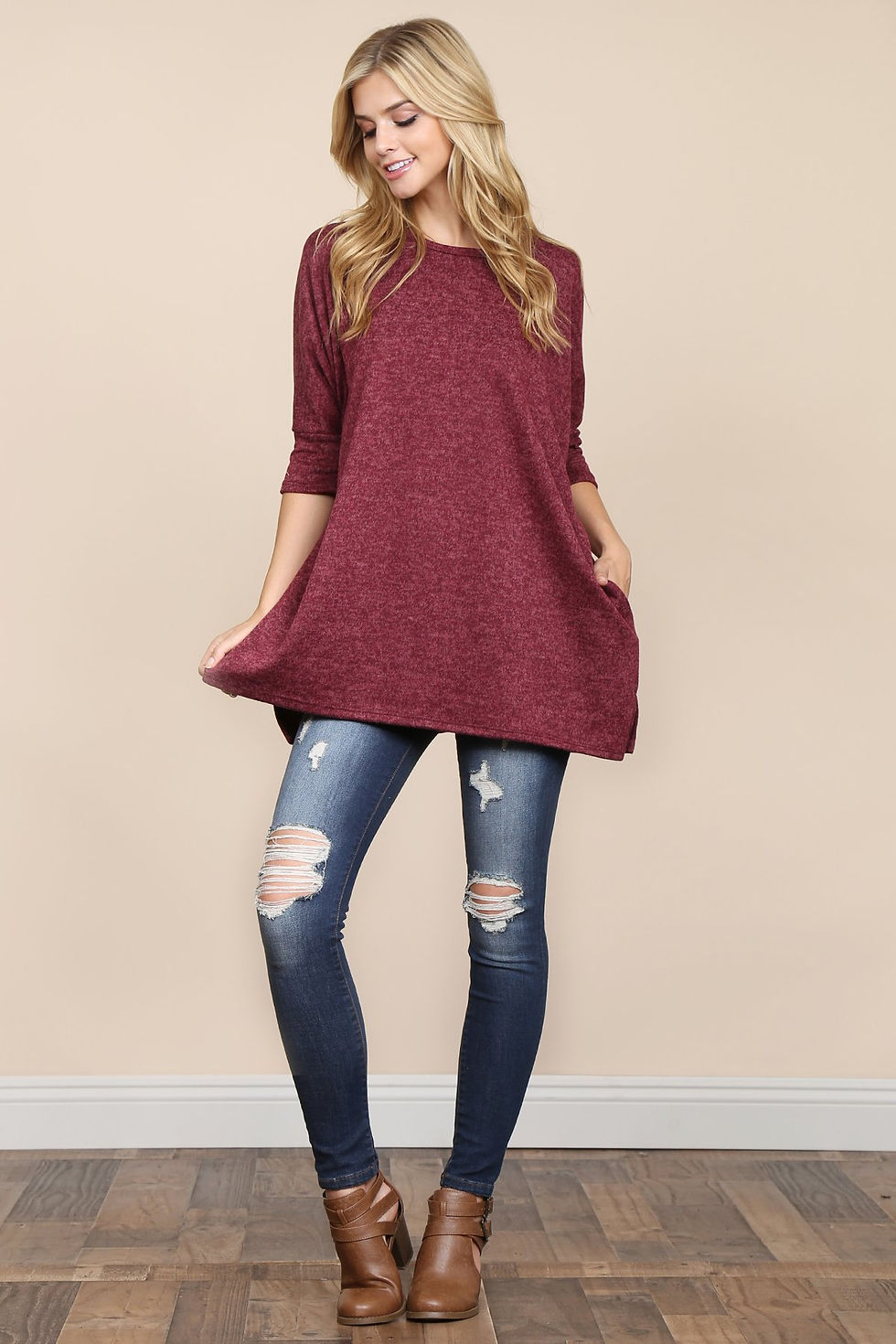 Thumbnail: Two Tone Hacci Oversized Dropped Shoulder Pocket Tunic