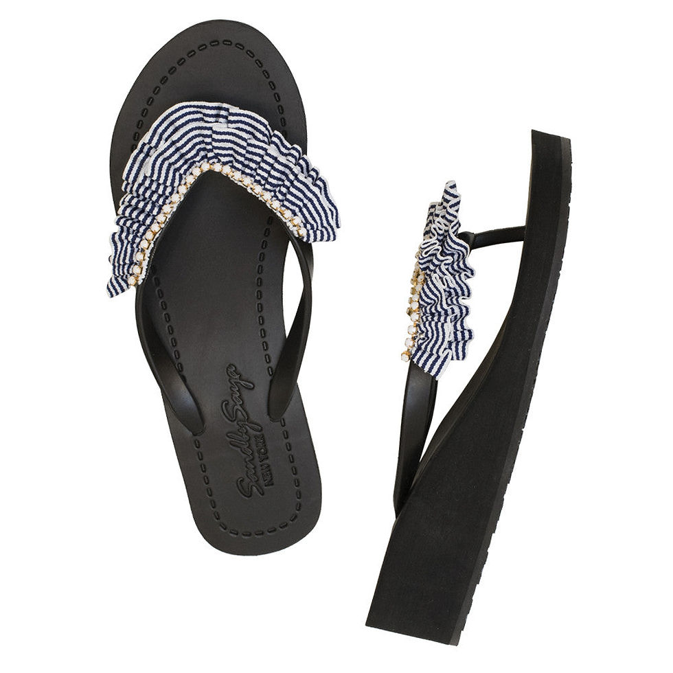 Thumbnail: Rockaway Stripe - Rhinestone & Ruffle Mid Wedge Flip Flops