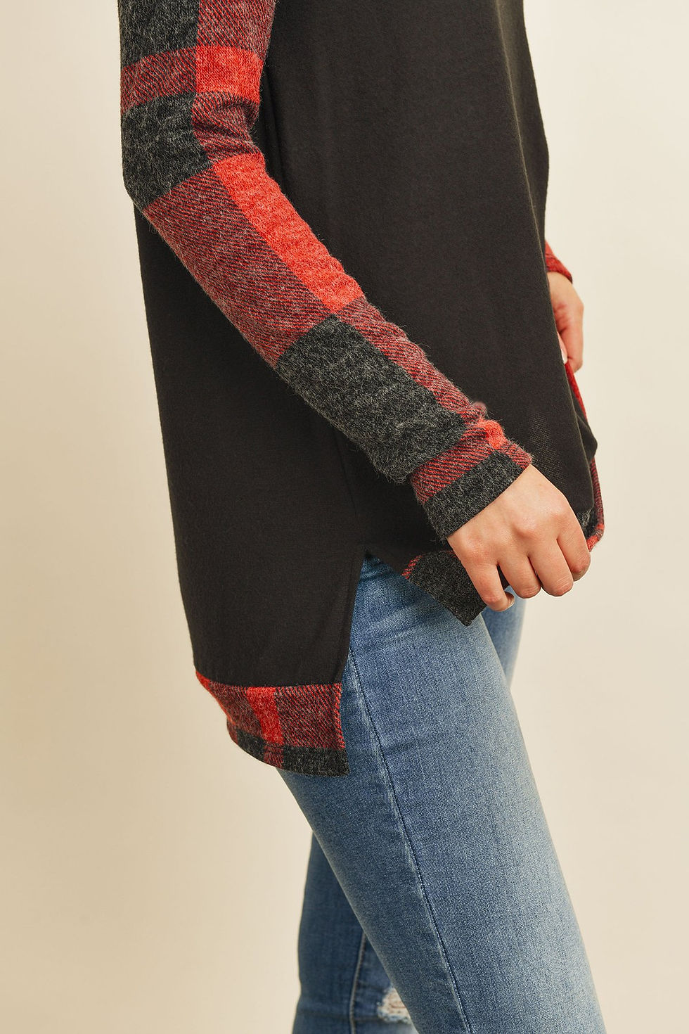 Thumbnail: Brush Hacci Plaid Contrast Long Back Hem Top
