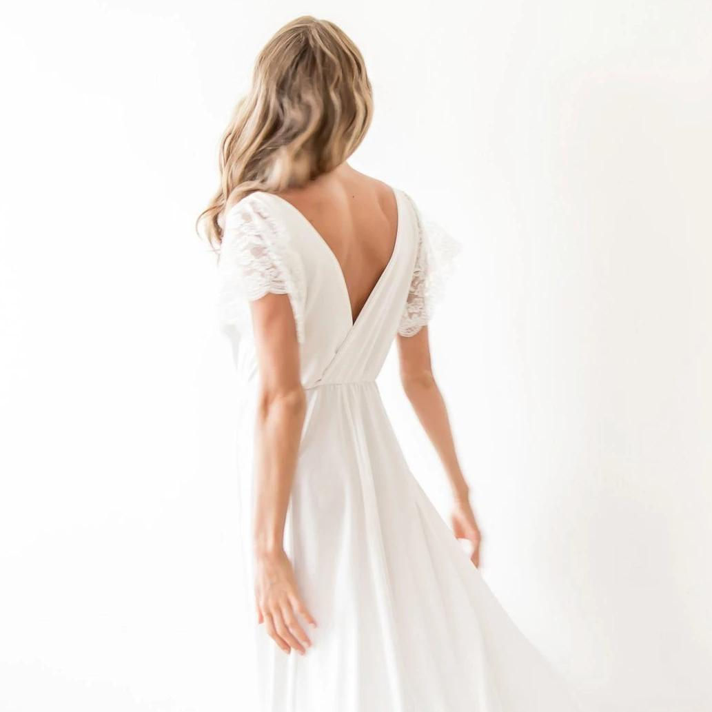 Ivory Wrap Wedding Dress With Short Lace Sleeves #1052