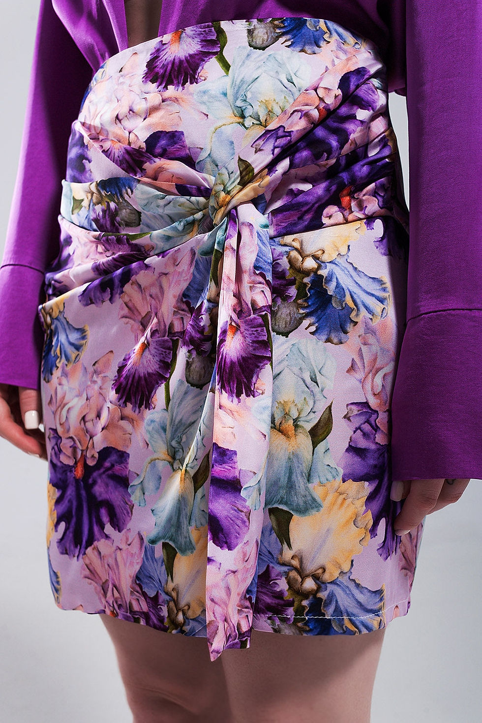 Thumbnail: Mini Skirt With Knot Front in Purple Clashing Floral Print