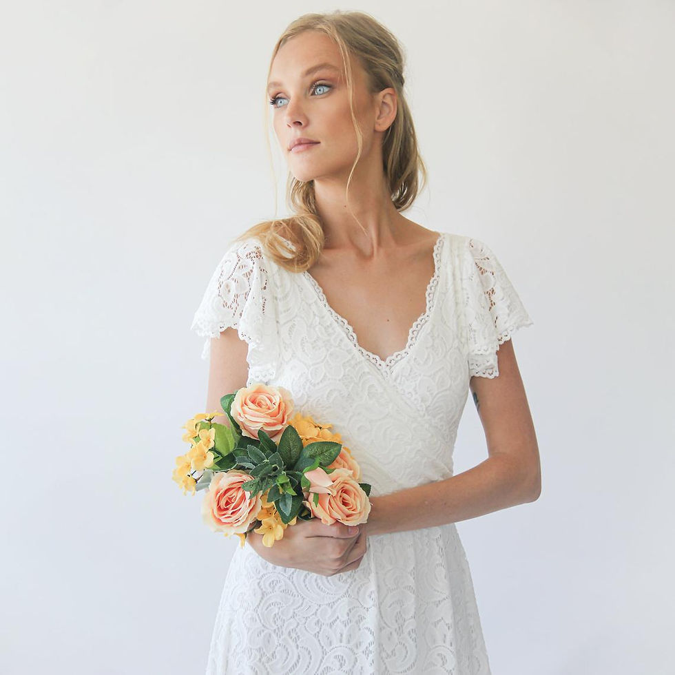 Thumbnail: Ivory Wrap Lace Bohemian Wedding Dress #1298
