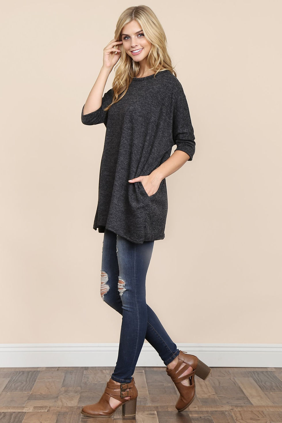 Thumbnail: Two Tone Hacci Oversized Dropped Shoulder Pocket Tunic