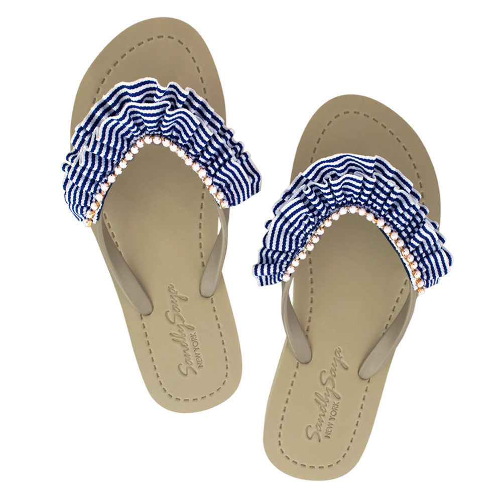 Rockaway Stripe Ruffle - Embellished Flat Flip Flops Sandal