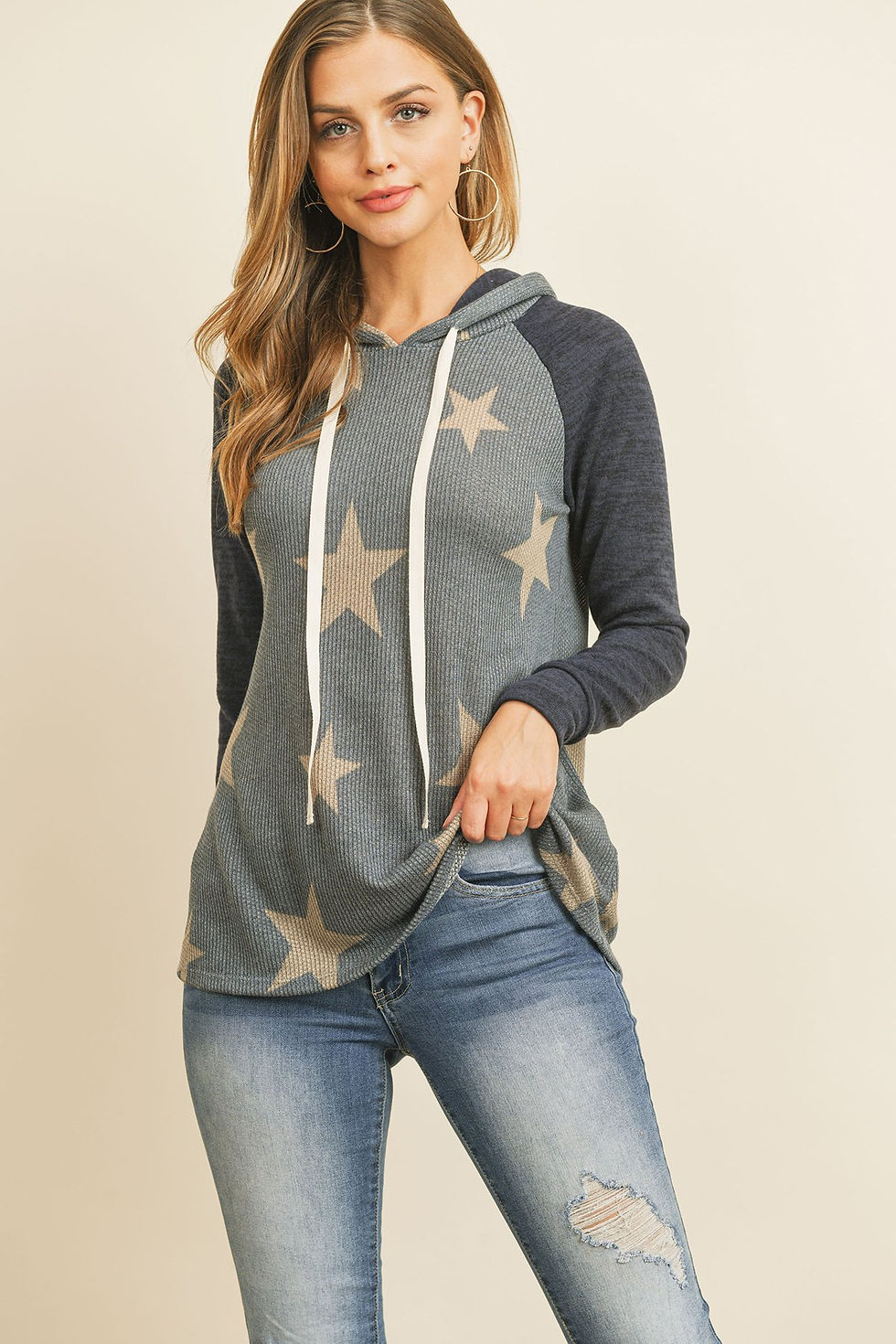 Thumbnail: Brushed Hacci Sleeve Rib Detail Star Print Hoodie With Drawstring