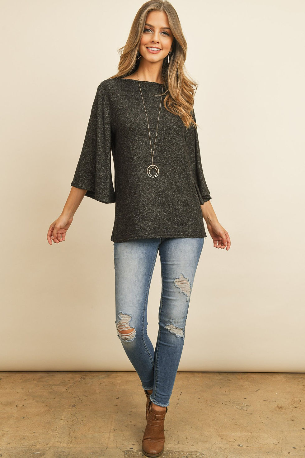 Thumbnail: Boat Neck Bell Sleeve Solid Hacci Brushed Top