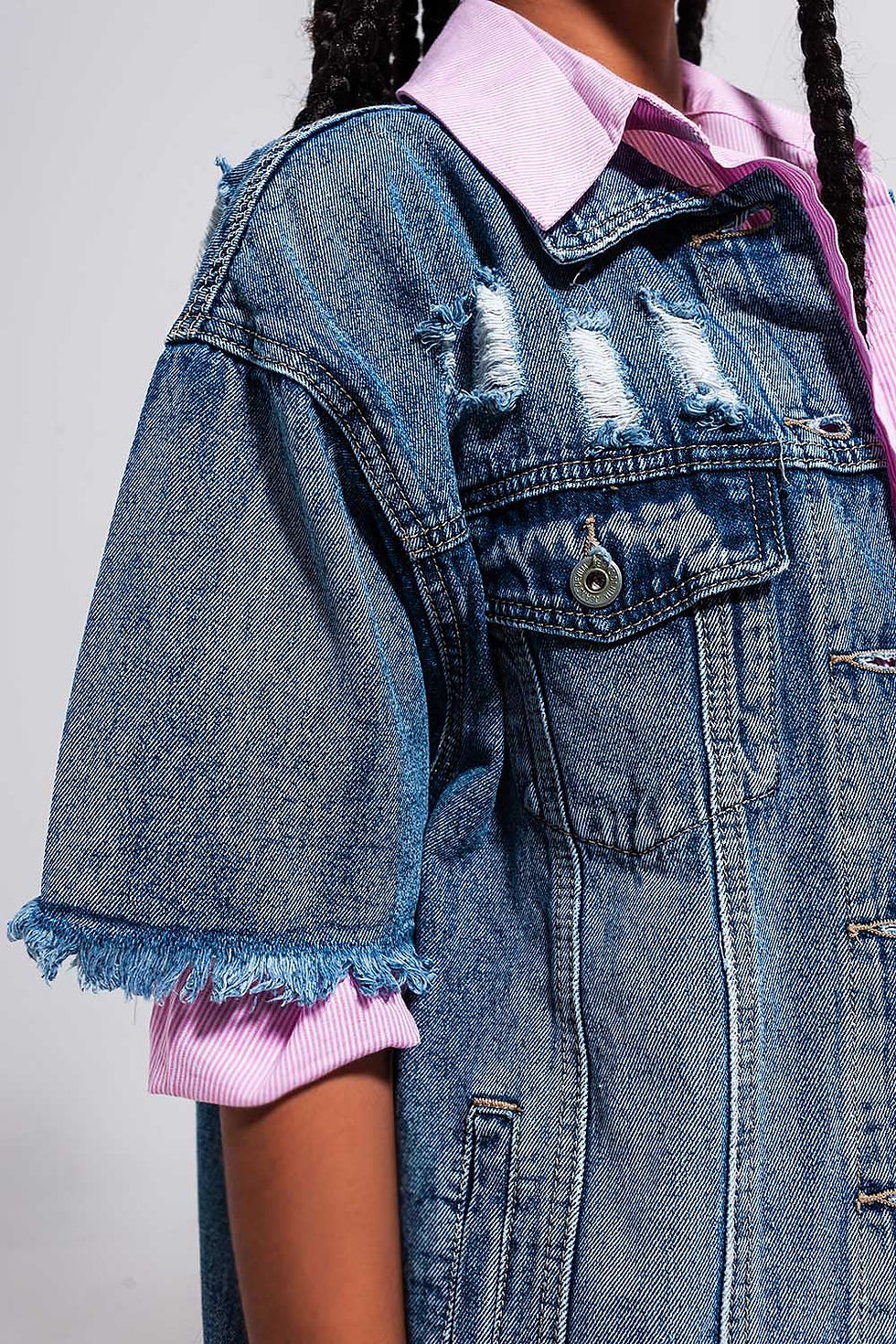 Thumbnail: Oversized Distressed Short Sleeves Denim Jacket