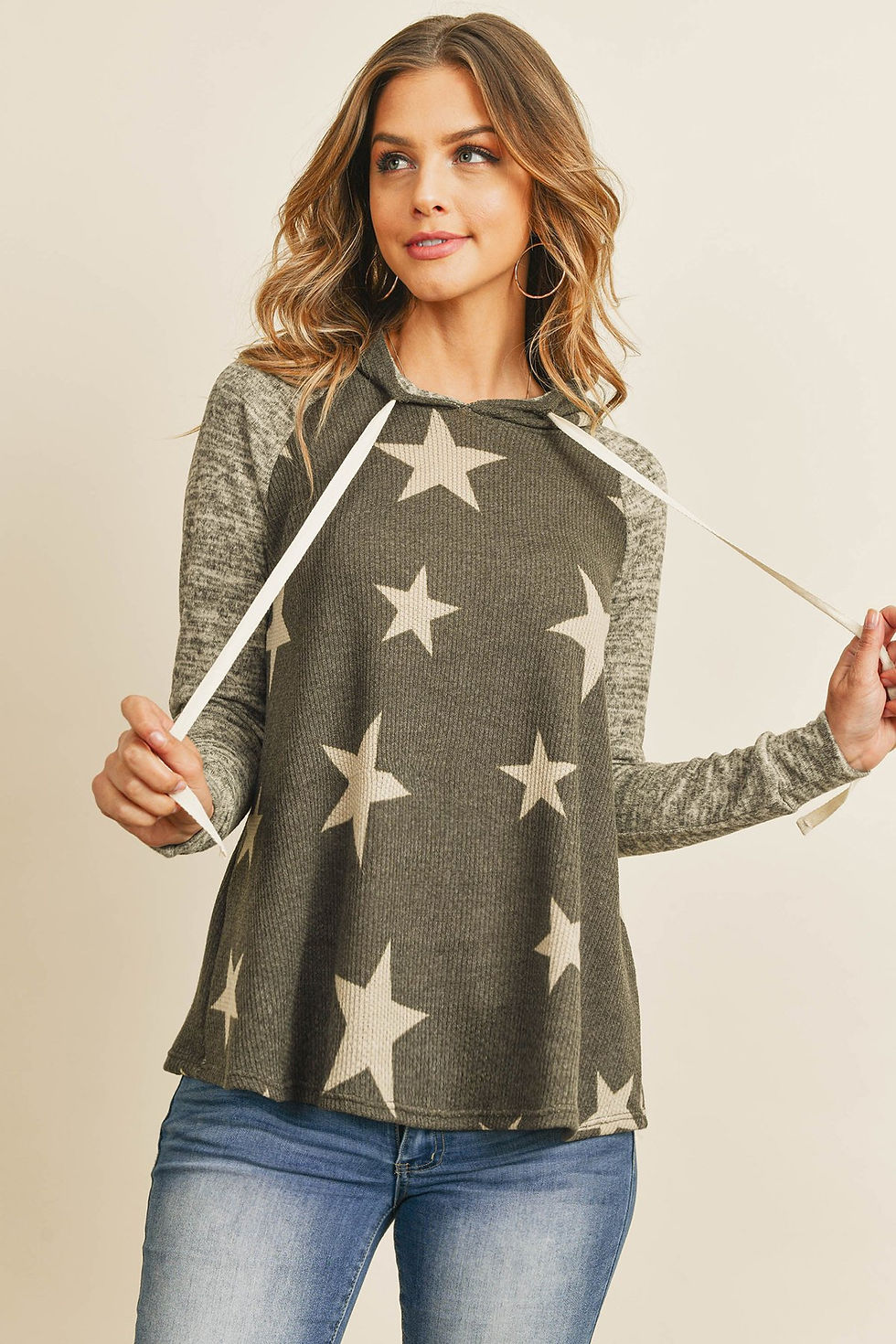 Thumbnail: Brushed Hacci Sleeve Rib Detail Star Print Hoodie With Drawstring