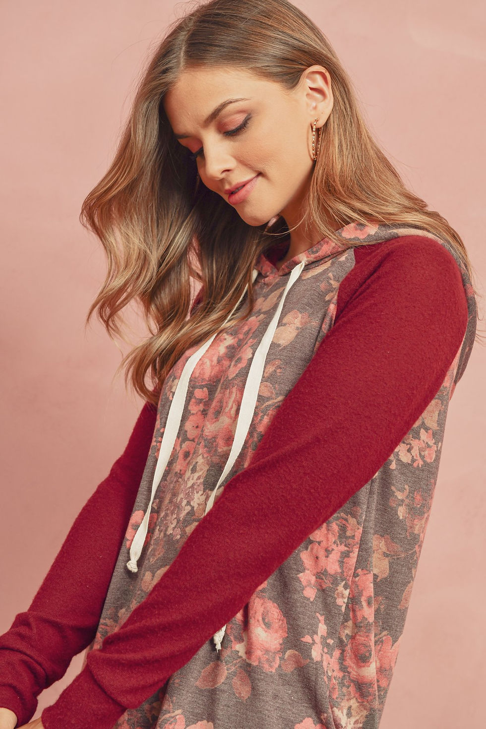 Thumbnail: Floral Hacci Sleeved Contrast Hoodie With Drawstrings