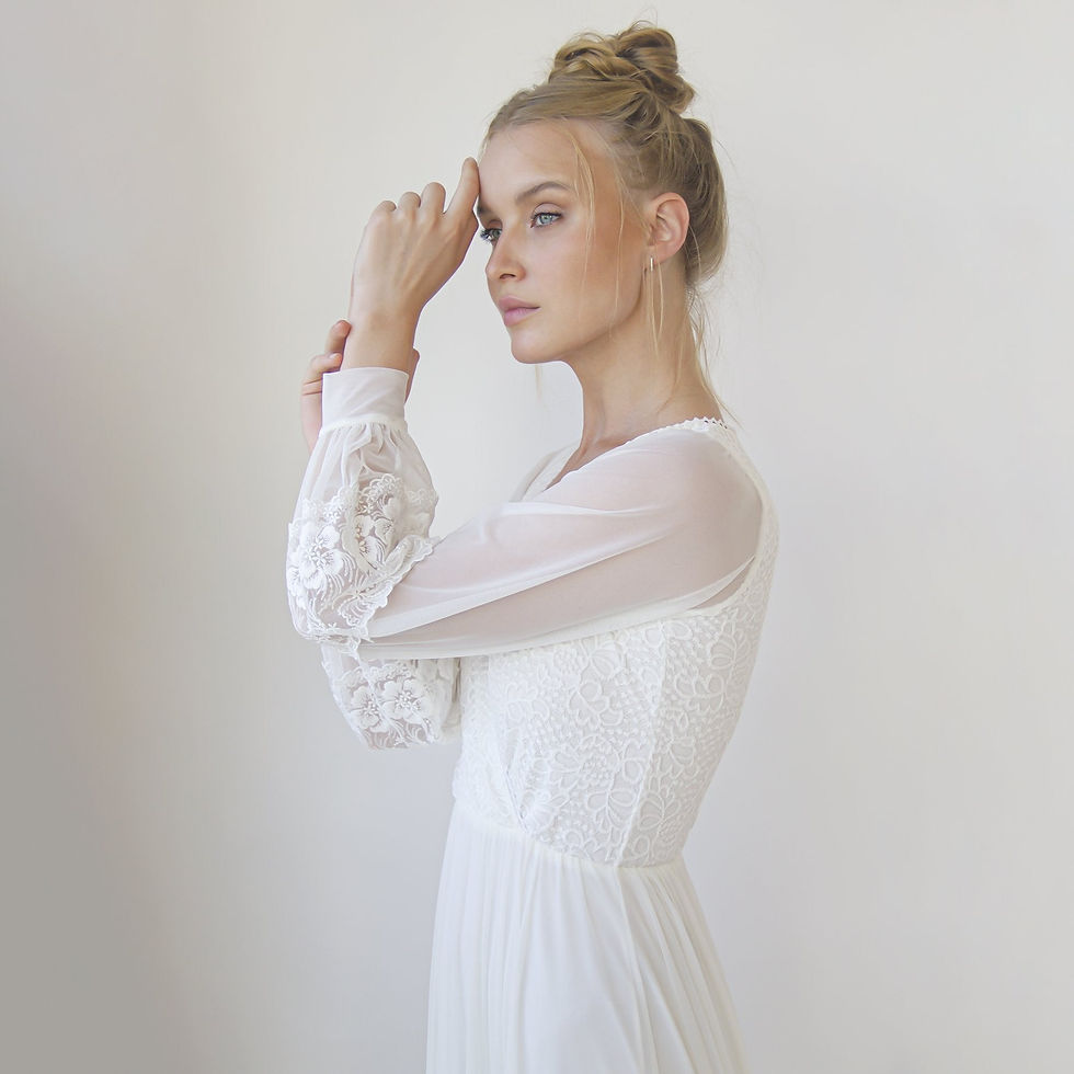 Thumbnail: Bestseller Ivory Wrap Lace Wedding Dress With Chiffon Mesh Sleeves #1352