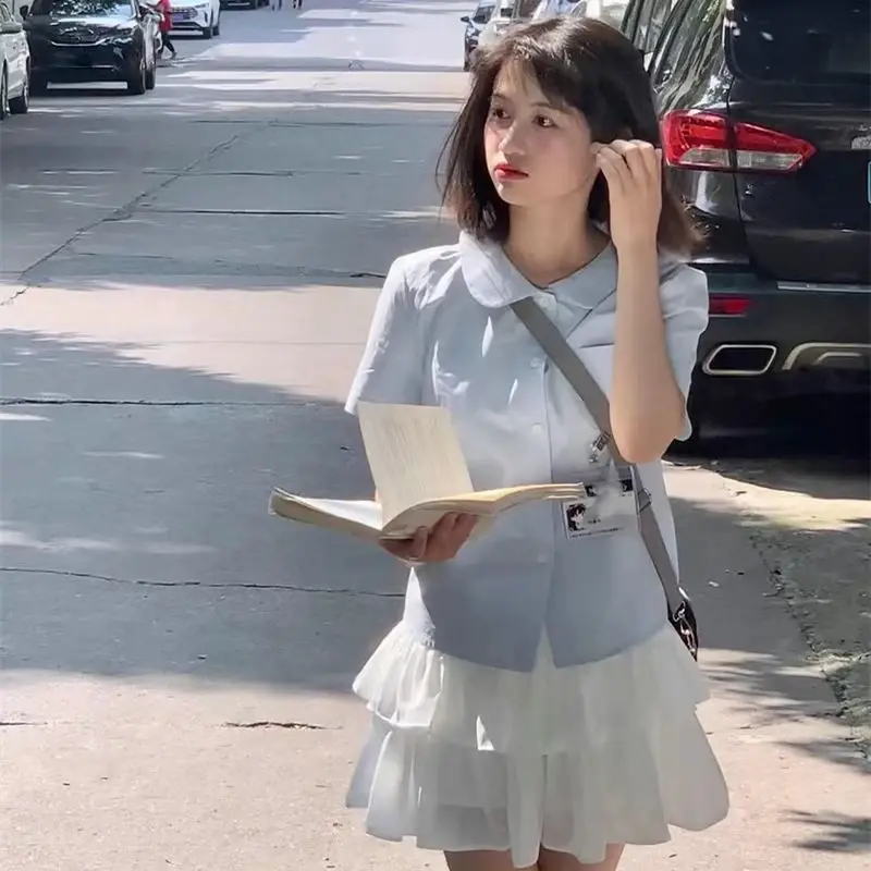 Thumbnail: Xpqbb Blue Short Sleeve Shirt for Women Summer Casual All-Match Turndown Collar