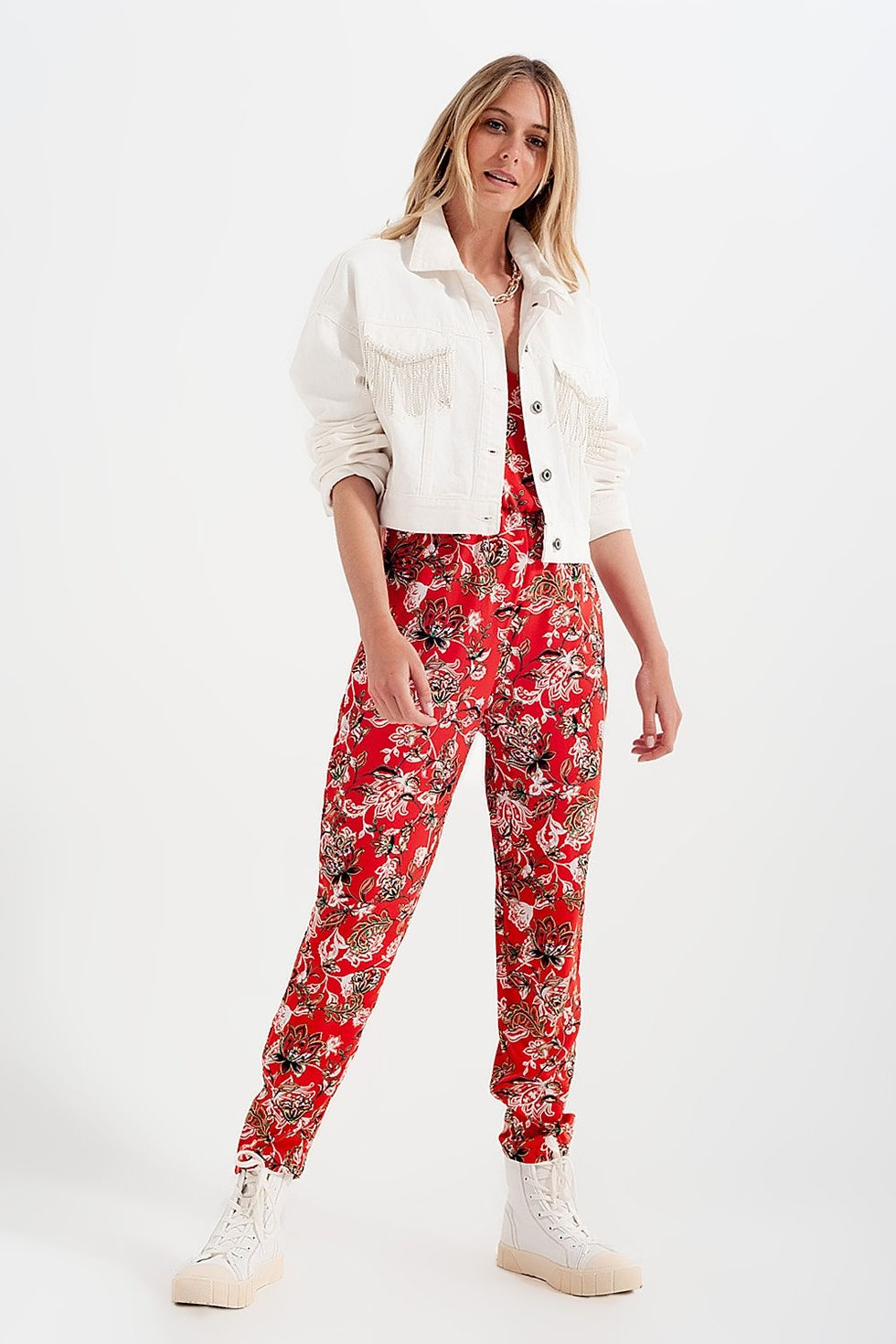 Thumbnail: Denim Jacket With Diamante Fringing in White