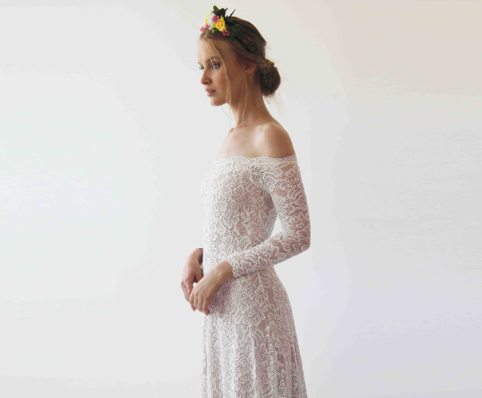 Thumbnail: Ivory Blush Off Shoulder Wedding  Dress #1257