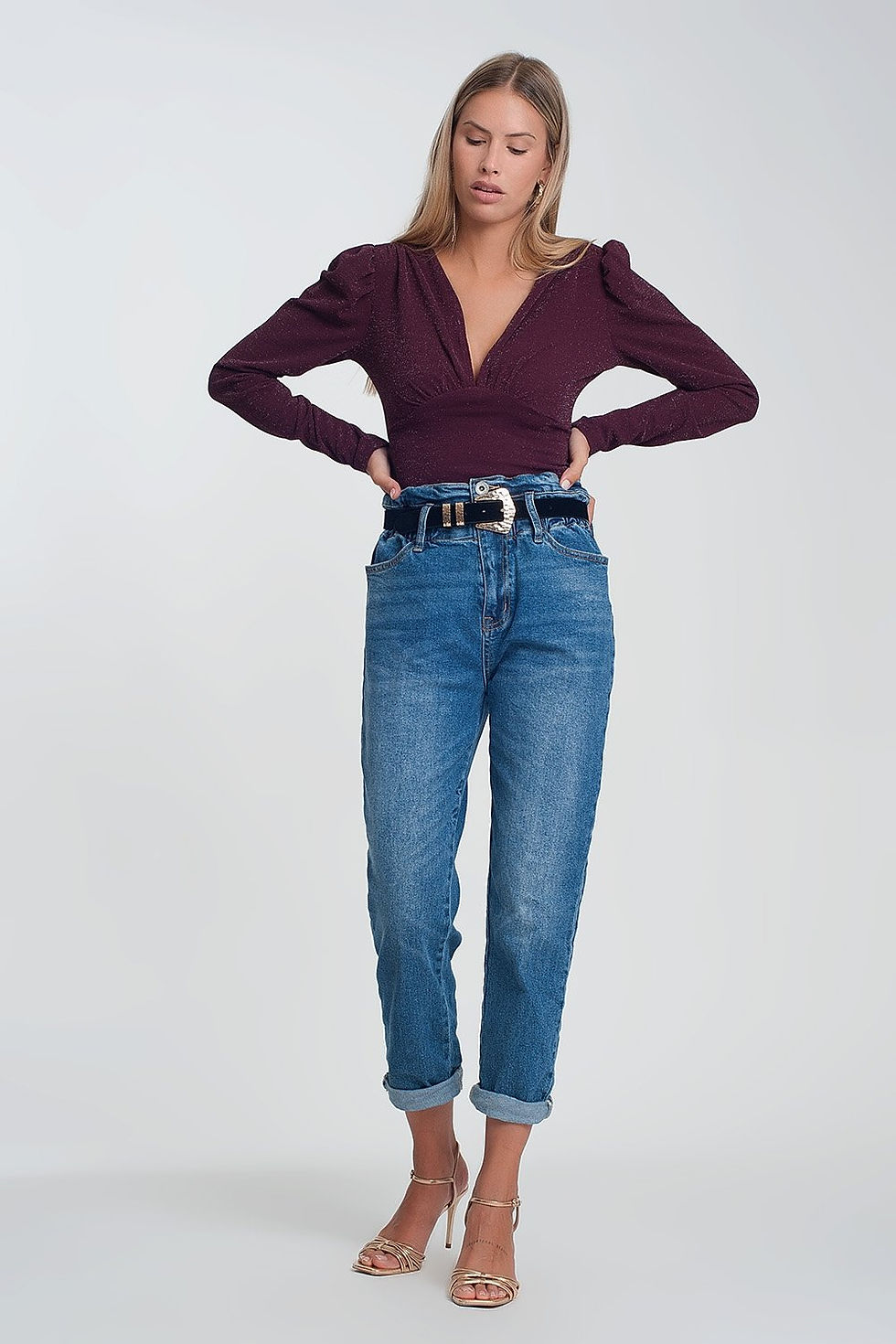 Thumbnail: Paper Bag Waist Mom Jean in Dark Wash Blue