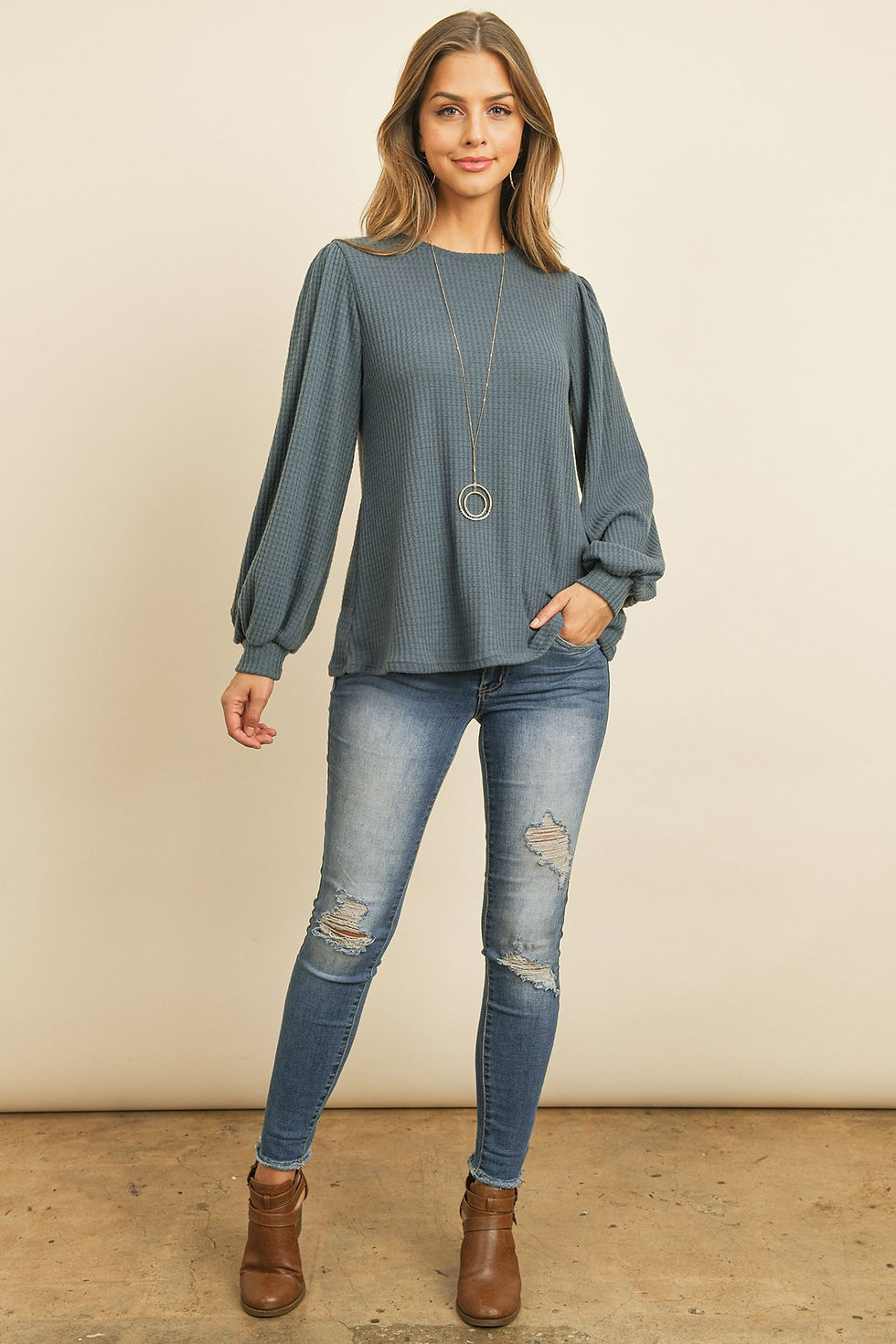 Thumbnail: Puff Sleeved Waffle Top