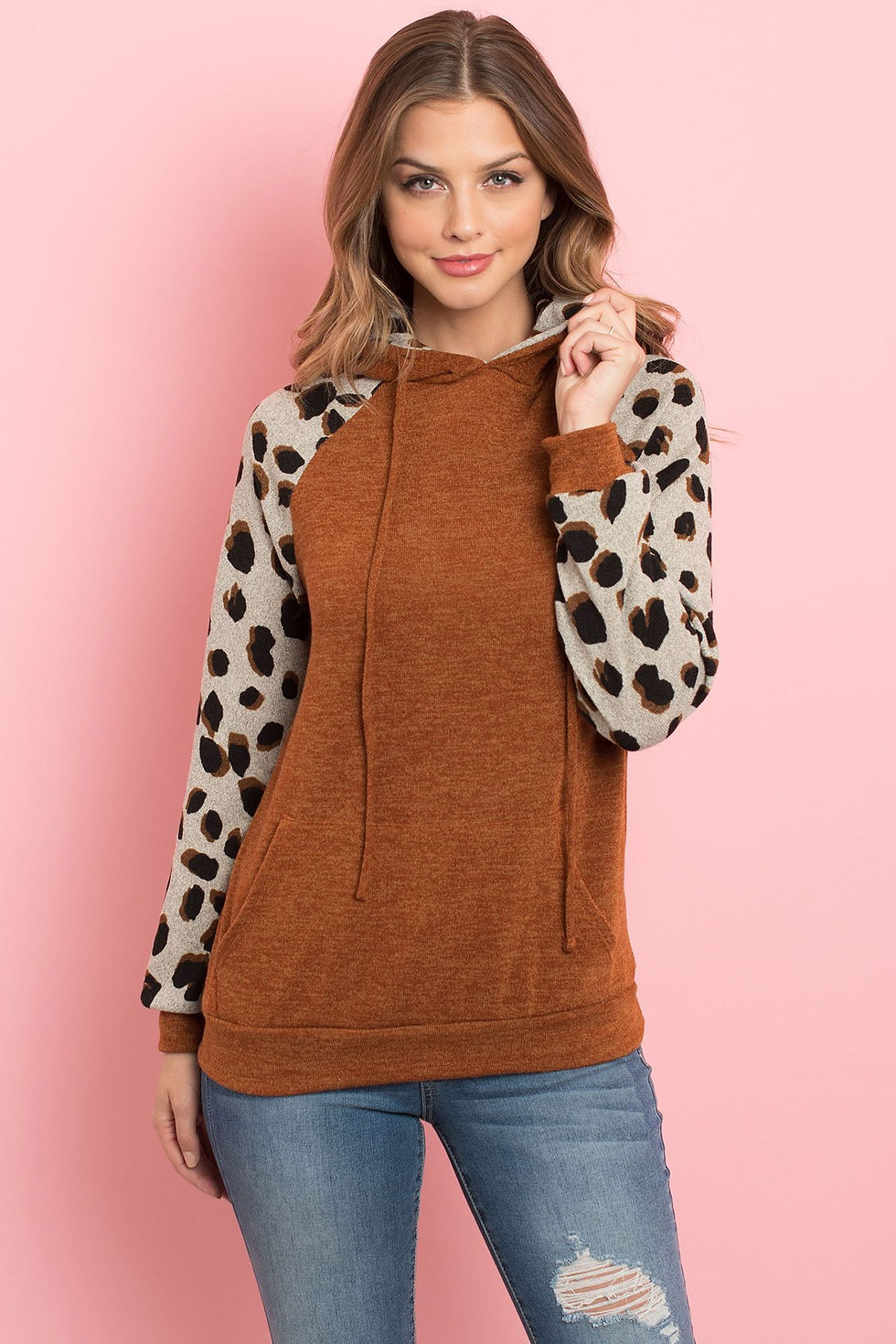 Thumbnail: Self Tie Leopard Contrast Kangaroo Pocket Hoodie