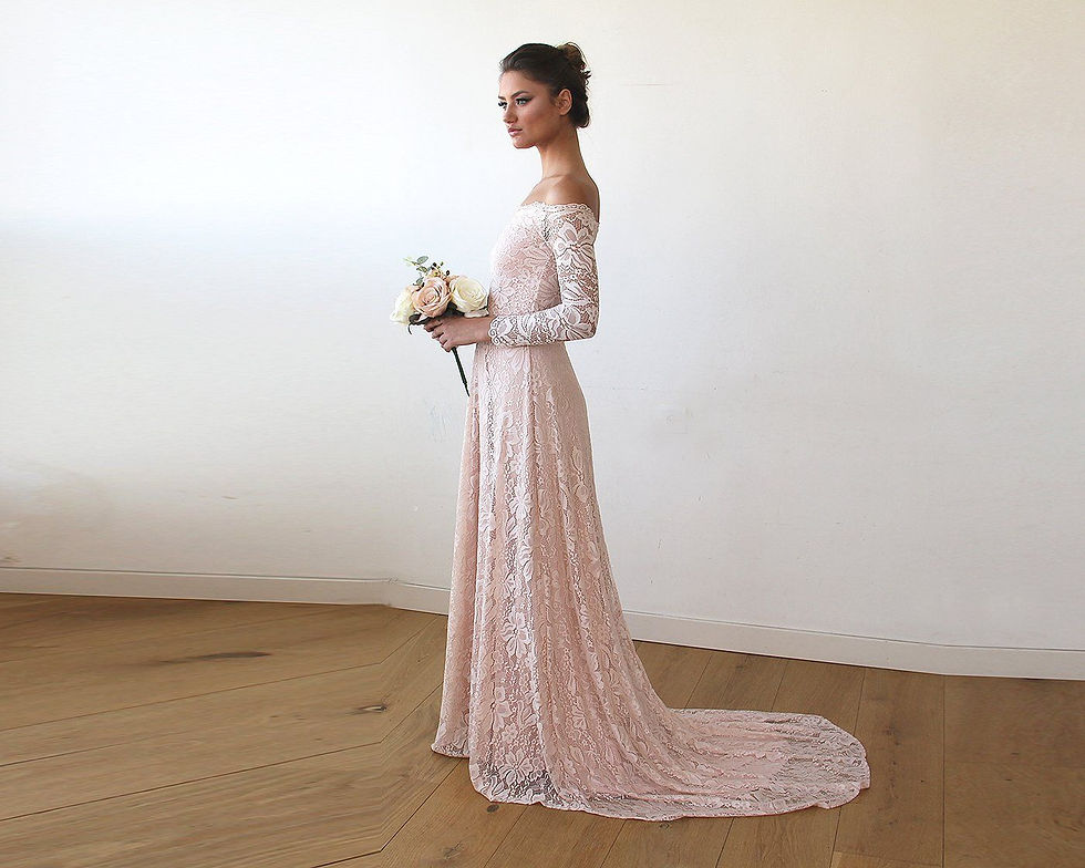 Thumbnail: Baby Pink Off-The-Shoulder Dress With Train #1148