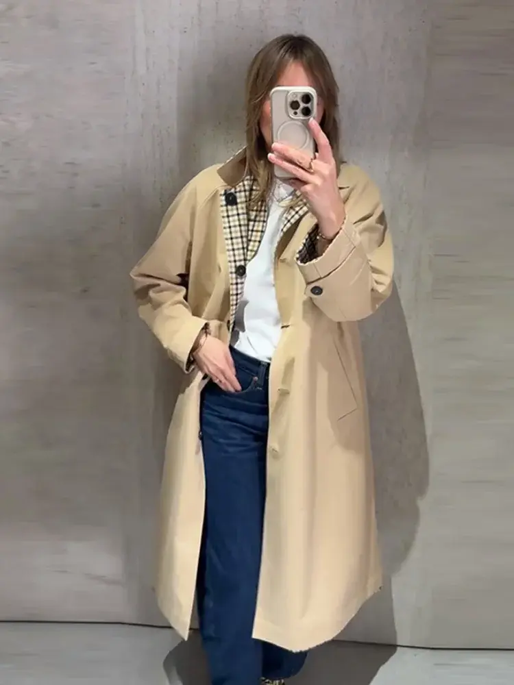 Miniatura: 2026 New Reversible Plaid Trench Coat Women Lapel Single Breasted Long