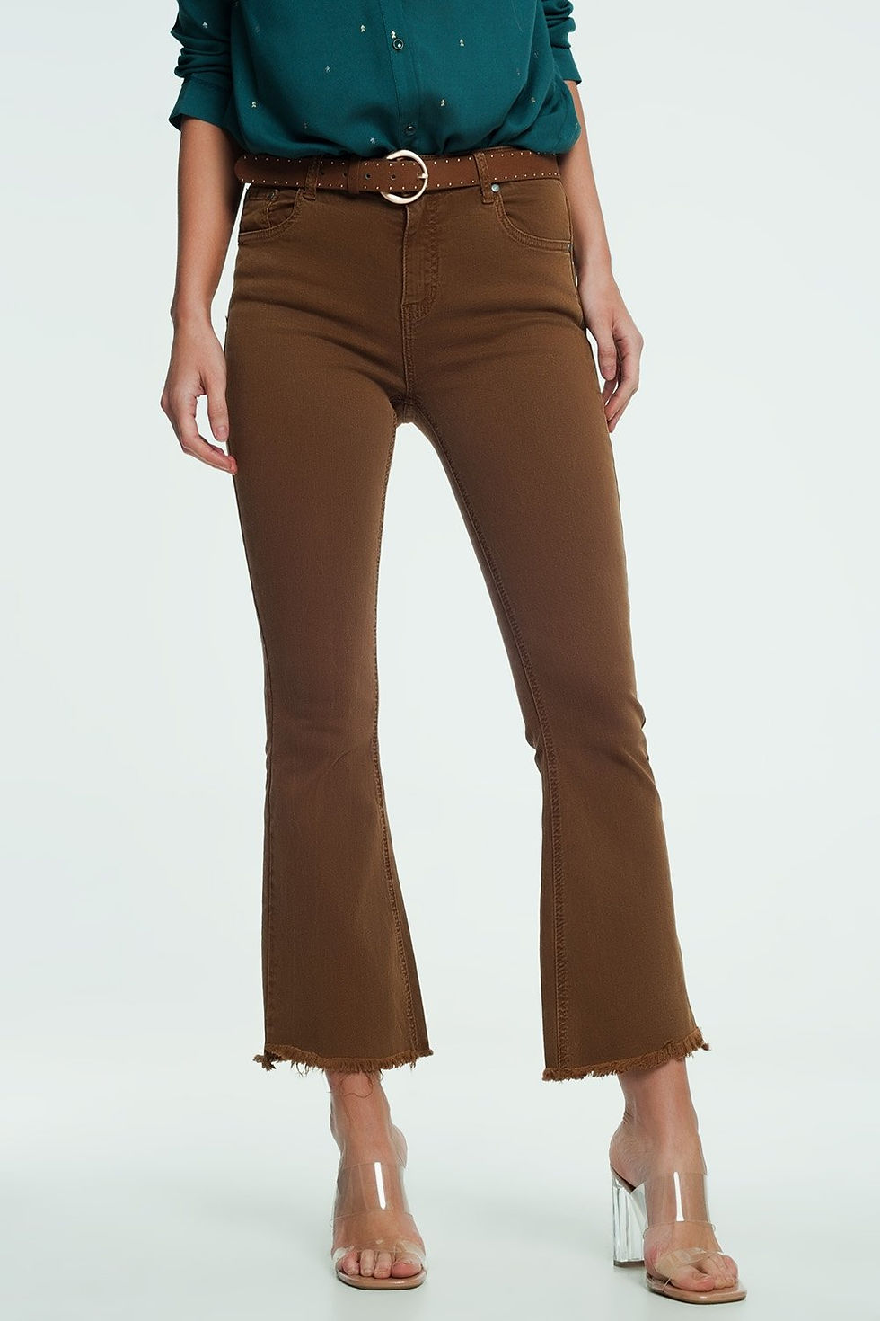 Thumbnail: High Rise Raw Hem Flared Jeans in Brown