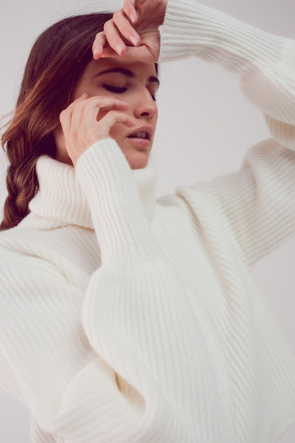 Thumbnail: High Neck Jumper With Balloon Sleeve in Cream