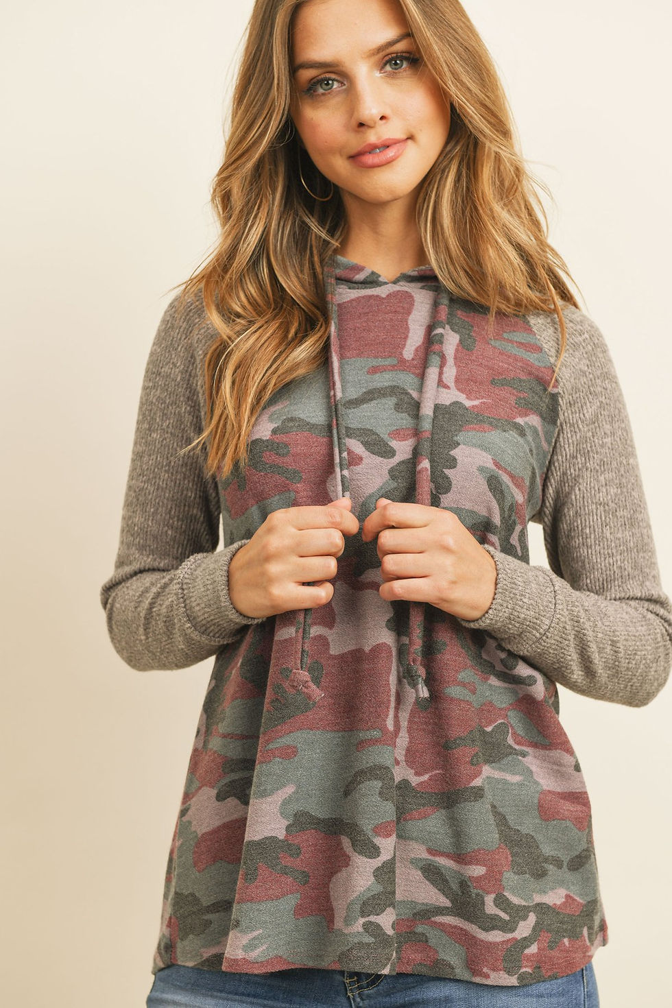 Thumbnail: Self Tie Rib Hacci Brushed Sleeve Camouflage Hoodie