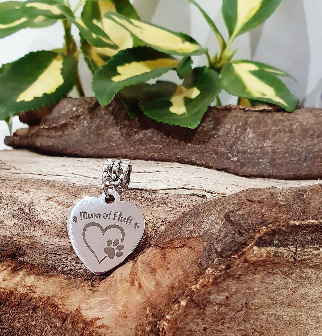 Mum of fluff, heart charm furbaby pet dog cat on bail /  necklace