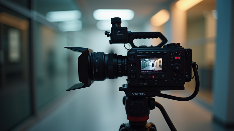 Eye-level view of a professional video camera on a tripod filming a corporate interview