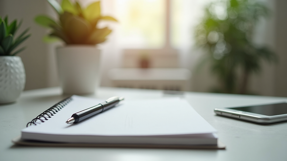 Close-up view of a therapist’s desk with a notebook, pen, and calming decor