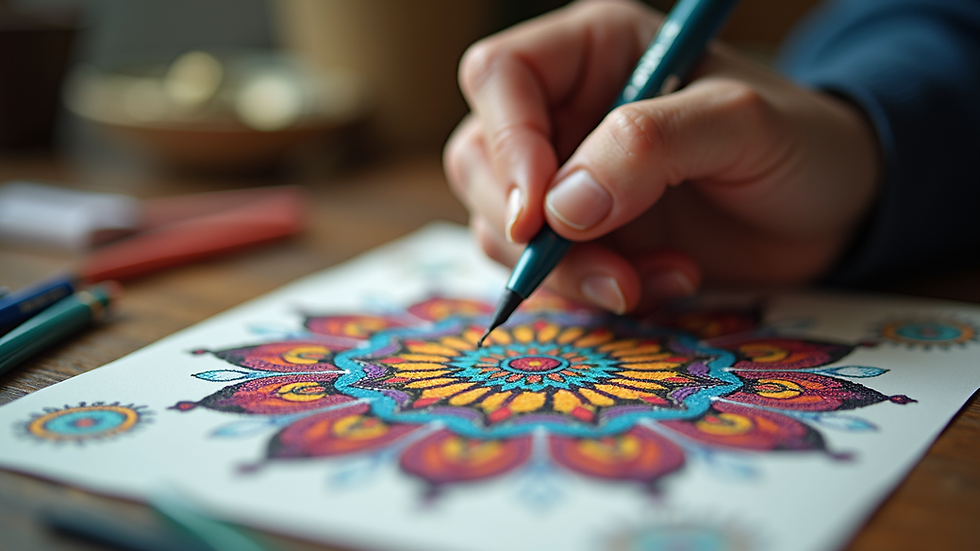 Close-up of a hand coloring a detailed mandala pattern