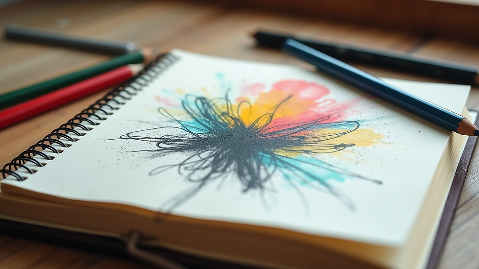 High angle view of a sketchbook with abstract art and colored pencils