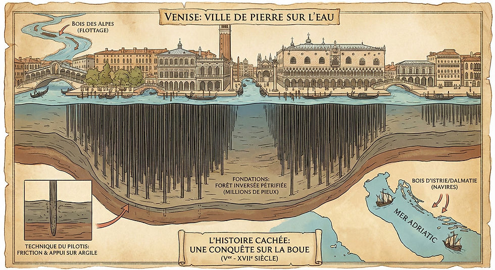 Illustrated map of Venice showing buildings on stilts over water. Text highlights city’s foundation techniques with wooden piles. Vintage style. Mais d'où venait ce bois ? La lagune était nue. Pour trouver ces millions de fûts, d'aulne et de mélèze, le regard de Venise s'est tourné vers l'Est, de l'autre côté de l'Adriatique.
C'est là qu'entre en scène une logistique industrielle stupéfiante pour le Moyen Âge. Venise a transformé la mer Adriatique en un tapis roulant.
Depuis les montagnes de Slovénie et les côtes de Croatie (l'Istrie et la Dalmatie), des navires ventrus, les Marciliane (navires anciens), chargés à ras bord de grumes géantes, traversaient la mer en convois serrés, escortés par des galères de guerre pour repousser les pirates Uscoques.