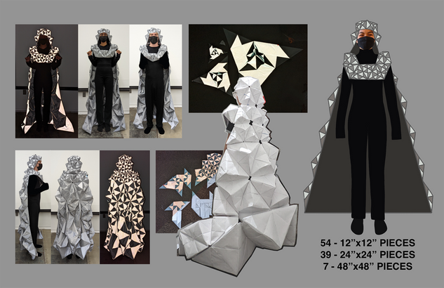 Joyce Dong Senior Thesis Fashion Collection_Origami, Pixelation, Silver Reflective Fabric_Look 3, 54 12"x12" pieces, 39 24"x24" pieces, 7 48"x48" pieces