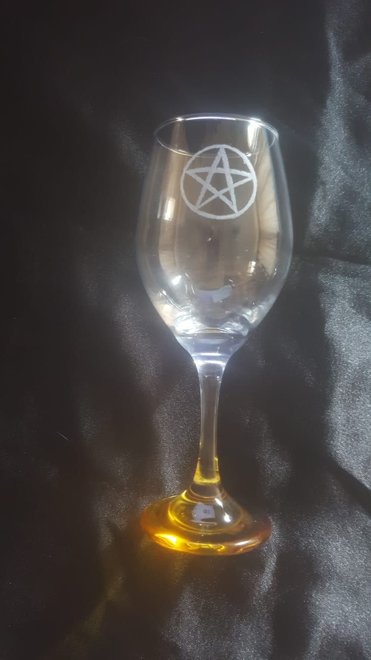 Thumbnail: Pentacle or Triquetra Engraved Goblets.  Available in Blue, Yellow and Red
