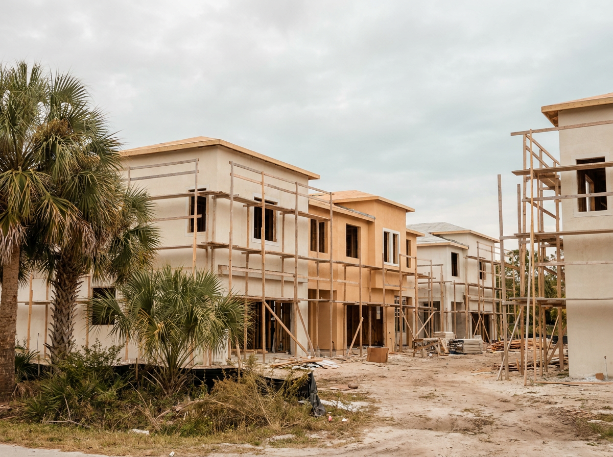 A low-rise South Florida residential development under construction, with framing and partial stucco.