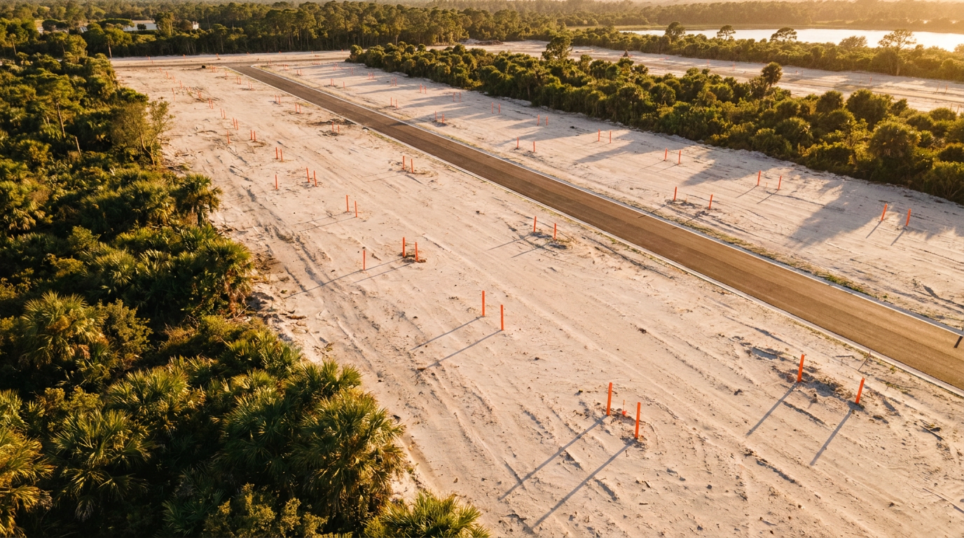 Aerial view of a cleared South Florida development parcel at golden hour, with survey stakes and a new access road.