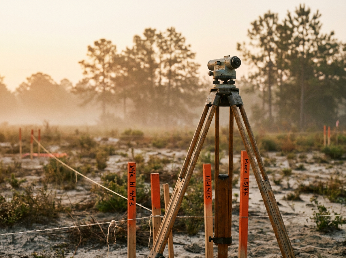 A surveyor's level and orange survey stakes on a sandy Florida lot at dawn.