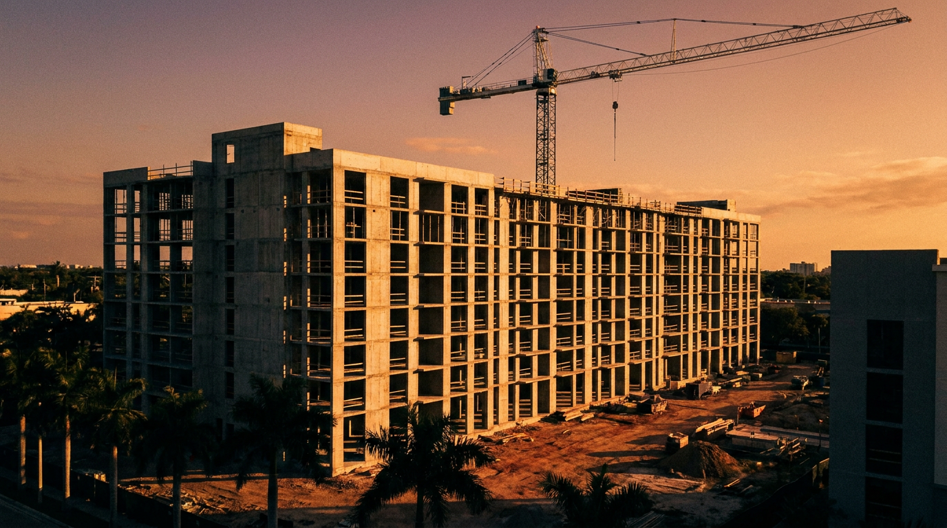 A mid-rise concrete building under construction in South Florida at golden hour, with a tower crane above the frame.