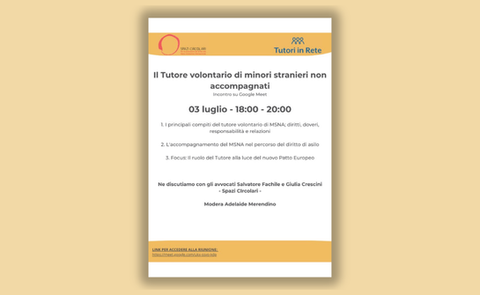 Locandina incontro online sul tutore volontario di minori stranieri non accompagnati